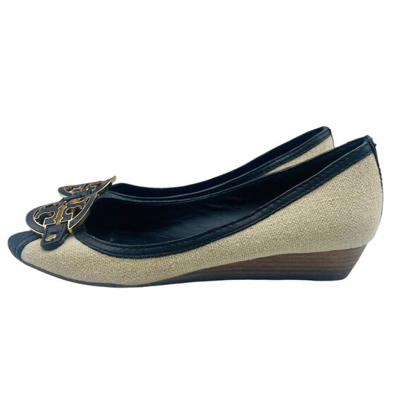 Tory Burch Amanda Open Toe Wedge In Natural/Black 8M - Picture 8 of 11